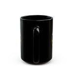 Close-up front view of glossy black ceramic mug showing top rim, inner opening, and centered handle