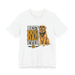 White crewneck t-shirt with large vertical Best Dog Dad Ever text and smiling golden retriever
