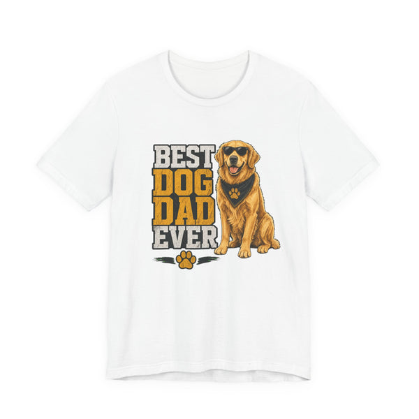 White crewneck t-shirt with large vertical Best Dog Dad Ever text and smiling golden retriever