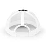 Rear close-up of white mesh trucker cap with black top button and adjustable snapback