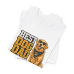 Folded white crewneck t-shirt showing partial BEST DOG DAD text and golden retriever illustration