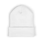Top-down view of a plain white ribbed knit beanie with folded cuff, rounded stitched top