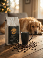Byte & Bark Brew® Italian Roast bag with steaming black mug and scattered beans, dog blurred