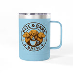 Light blue insulated mug with clear lid, stainless rim, Byte & Bark Brew® three-dog logo