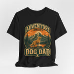 Black unisex crewneck tee with vintage circle mountain graphic, golden retriever and 'Dog Dad' text
