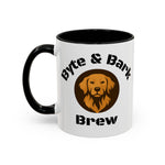 White accent mug with black interior and handle featuring Byte & Bark Brew® dog logo