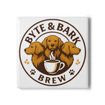 White ceramic coaster printed with Byte & Bark Brew® circular logo featuring three dog heads and coffee cup