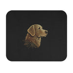 Black rectangular mouse pad with rounded corners featuring gold circuitry-style dog head illustration