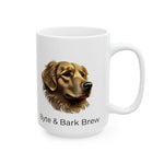 Close-up white mug with lifelike golden retriever illustration and Byte & Bark Brew® logo