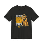 Dark heather unisex tee front with golden retriever in sunglasses and Best Dog Dad Ever print