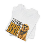 Folded light heather gray t-shirt with large 'BEST DOG DAD' text and golden retriever wearing sunglasses and bandana