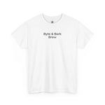 White crewneck T-shirt front with centered black 'Byte & Bark Brew®' text and small neck logo