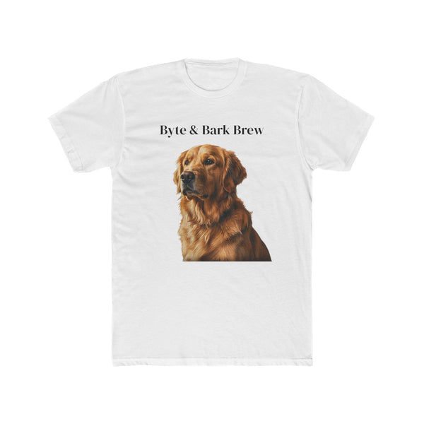 White crewneck T-shirt with 'Byte & Bark Brew®' text above a realistic golden retriever portrait