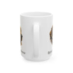 White ceramic mug rear view with centered handle, partial golden retriever illustration and Byte & Bark Brew® text
