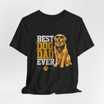 Black t-shirt with distressed 'Best Dog Dad Ever' text and golden retriever wearing sunglasses