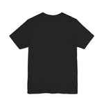 Black unisex T-shirt laid flat showing a smooth back panel, crew neckline, and short sleeves