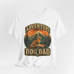 White crewneck T-shirt featuring circular mountain sunset and golden retriever 'Dog Dad' graphic