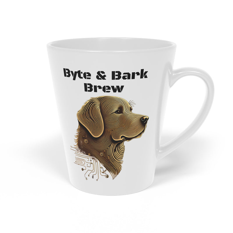 White ceramic mug showing Byte & Bark Brew® text and stylized dog head graphic near handle