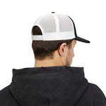 Rear view of white mesh trucker cap with white snapback closure and black curved bill on model