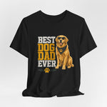 Black crewneck t-shirt with large distressed 'Best Dog Dad Ever' text and golden retriever graphic wearing sunglasses