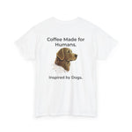 White T-shirt back view showing printed stylized dog head and text 'Coffee Made for Humans'