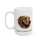 White ceramic mug with left handle featuring detailed golden retriever illustration and Byte & Bark Brew® text