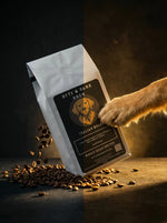 White bag of Byte & Bark Brew® Italian Roast held by golden dog paw, scattered coffee beans