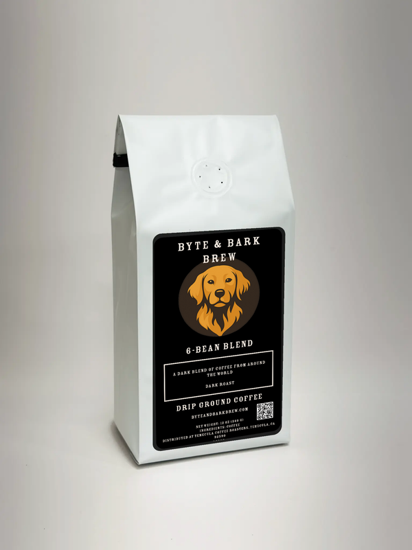 White coffee bag with black Byte & Bark Brew® label and dog logo, 6-bean blend