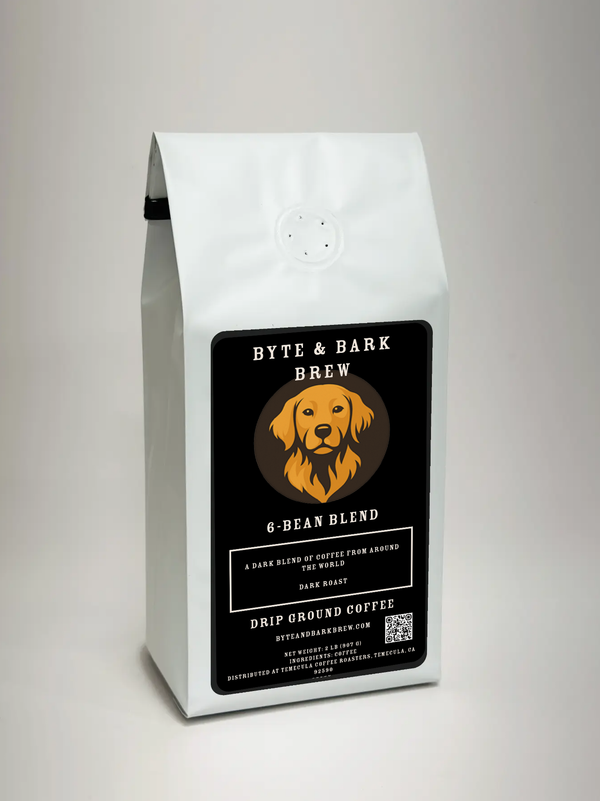 White coffee bag with Byte & Bark Brew® black label featuring a dog logo