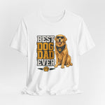 White front-view unisex T-shirt with large graphic of golden retriever and vertical 'Best Dog Dad Ever' text