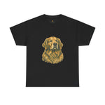 Black crew-neck t-shirt with large golden retriever portrait print and Byte & Bark Brew® label