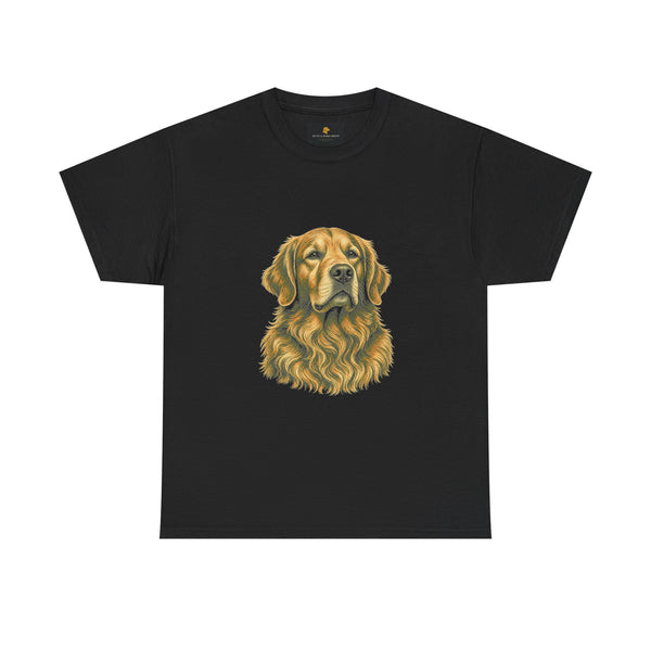 Black crew-neck t-shirt with large golden retriever portrait print and Byte & Bark Brew® label
