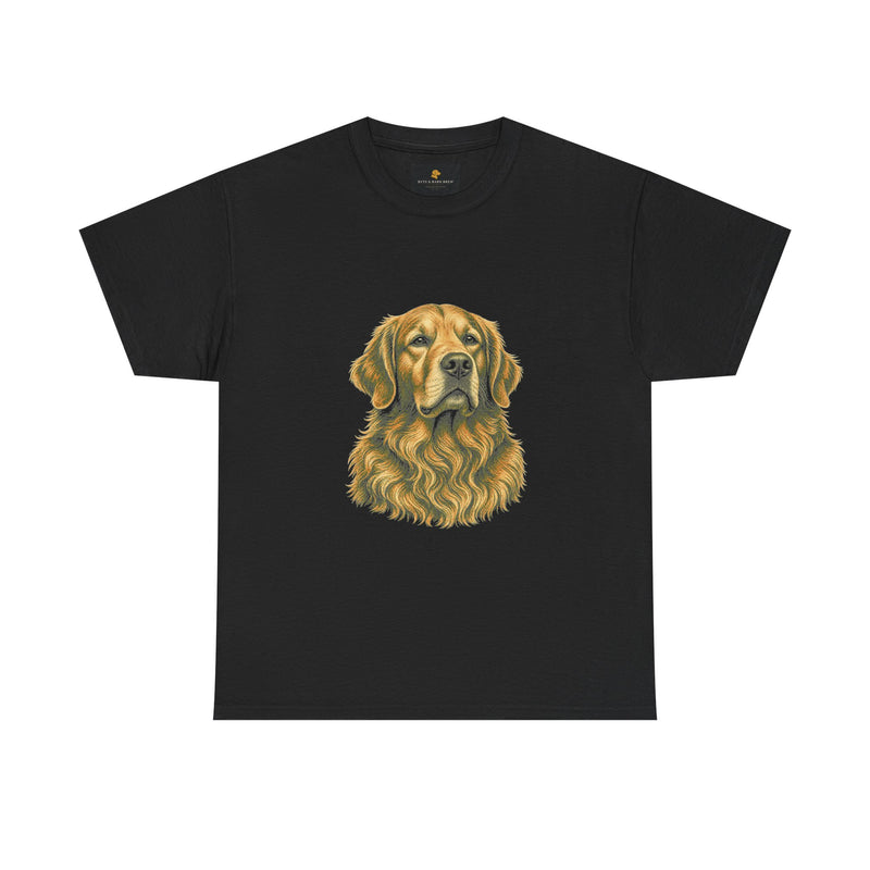 Black crew-neck t-shirt with large golden retriever portrait print and Byte & Bark Brew® label