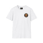 White crewneck t-shirt with small left-chest Byte & Bark Brew® circular golden retriever logo