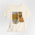 Cream short-sleeve tee with vertical 'BEST DOG DAD EVER' graphic and golden retriever wearing sunglasses
