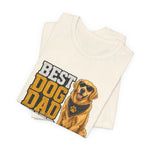 Folded cream t-shirt showing large 'BEST DOG DAD' print and golden retriever with sunglasses