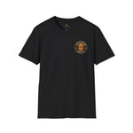 Black crewneck t-shirt with small Byte & Bark Brew® golden retriever circular logo on chest