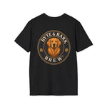 Black tee back view with large Byte & Bark Brew® circular golden retriever logo
