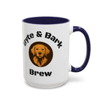White accent mug with navy interior and handle showing partial Byte & Bark Brew® logo and dog portrait