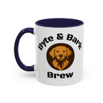 White accent mug with navy interior and handle featuring Byte & Bark Brew® dog logo