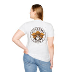 Back view of white T-shirt with Byte & Bark Brew® circular dog-and-coffee logo