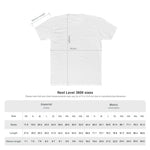 White crew neck t-shirt flatlay with printed measurement guides and size chart visible below