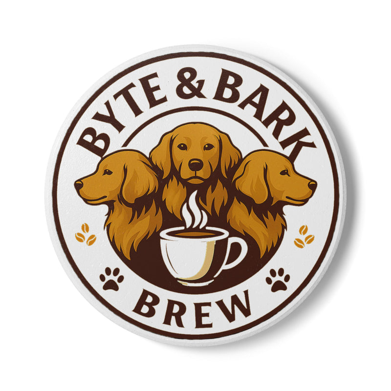 Round white coaster printed with Byte & Bark Brew® logo showing three dog heads and coffee cup