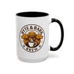 White mug with black interior and handle featuring Byte & Bark Brew® logo with three dog heads
