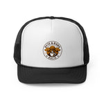 Close-up front view of white-front black mesh trucker cap featuring Byte & Bark Brew® circular logo