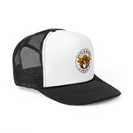 White-front trucker cap with black mesh back and brim, angled close-up showing Byte & Bark Brew® circular logo