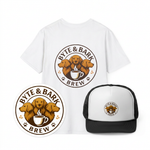 White tee, circular sticker, and white-black trucker hat featuring Byte & Bark Brew® three-dog coffee logo