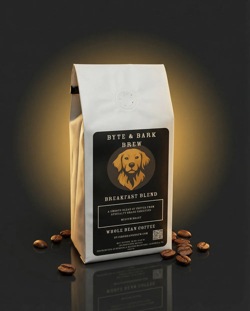 White upright coffee bag labeled Byte & Bark Brew® Breakfast Blend with scattered whole coffee beans