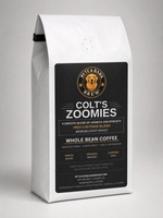 White standing coffee bag with black label displaying Byte & Bark Brew® dog logo and Colt's Zoomies name