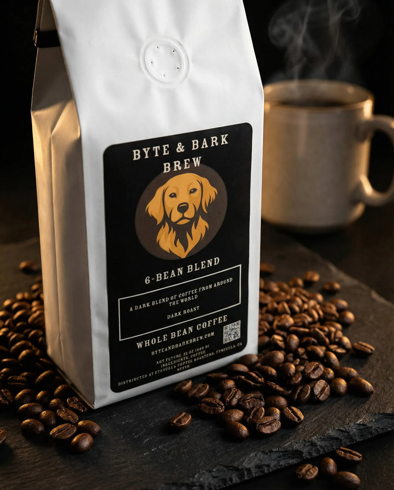Byte & Bark Brew coffee bag with coffee beans and a steaming cup on a dark surface